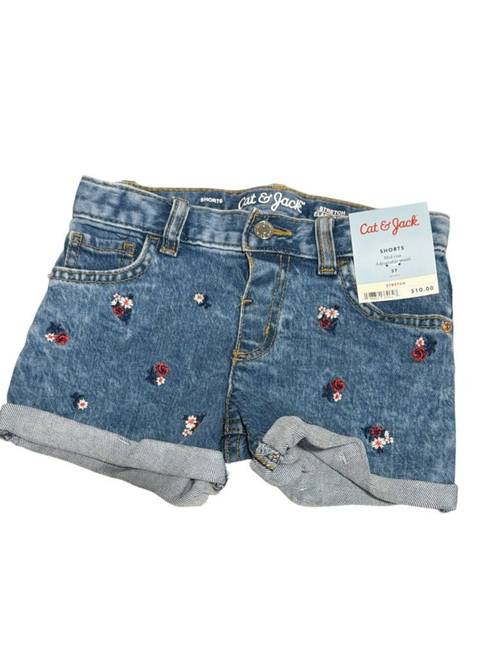 Cat & Jack Girls Embroidered Denim Shorts Mid Rise Adjustable Waist